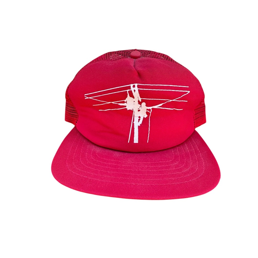 Red Trucker Hat with Lineman Graphic Mesh Back Snapback Cap Vintage Retro‎